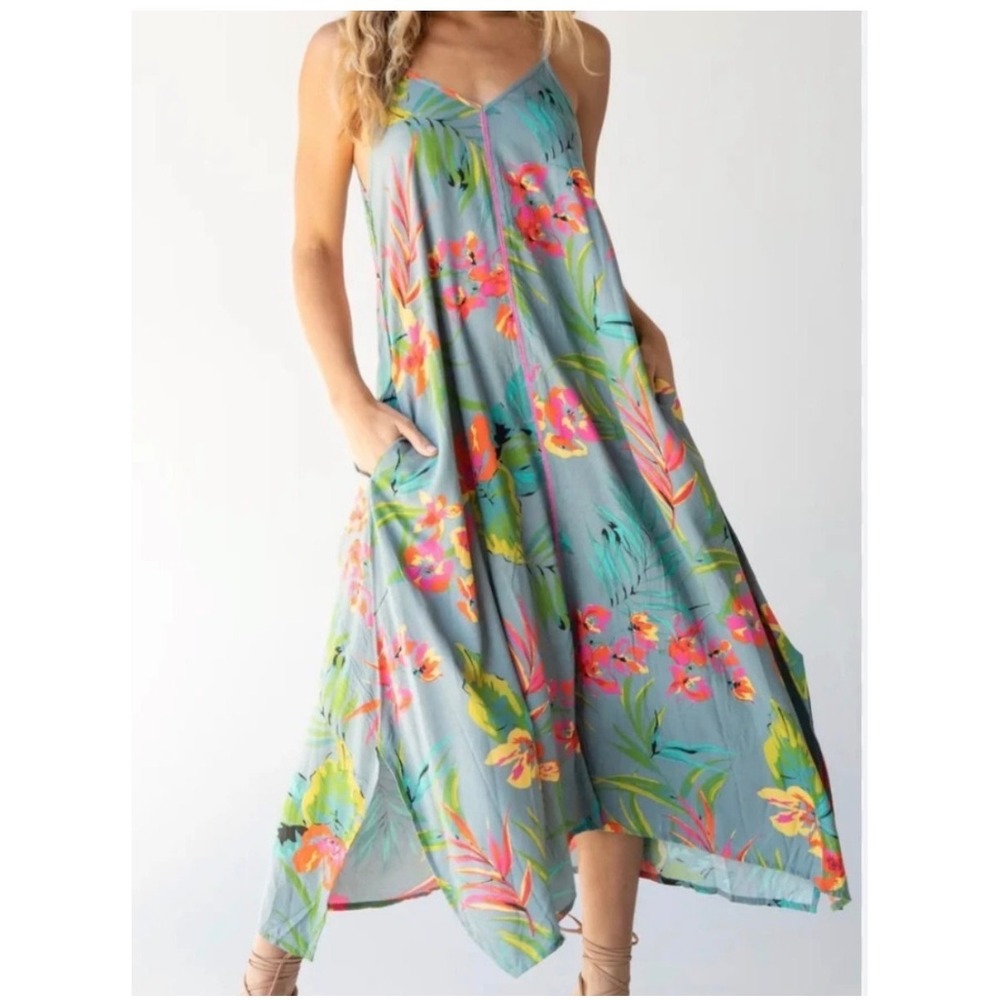 Natural Life Katrina Midi Slip Dress XL Blue Floral Tropical Boho NEW